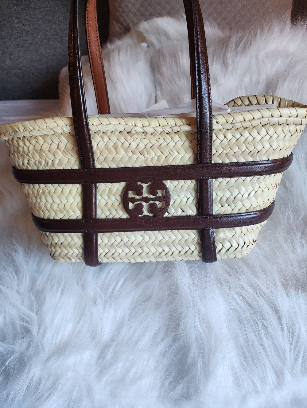 New Tags Tory Burch Ella Small Straw Basket Tote Leather Trim Bag